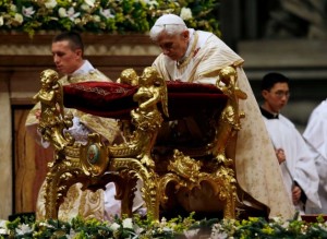 <p>Nick Nelson stands with Pope Benedict XVI. Nelson served as deacon at the Christmas Eve Mass in Vatican City. (Submitted Photo)</p>