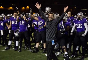 <p>Caruso and St. Thomas players rejoice after a 28-14 NCAA semifinal victory over Oshkosh. The team will battles Mount Union (Ohio) for the national championship today in Salem, Va. (Rosie Murphy/TommieMedia)</p>